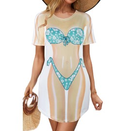 elescat Women's Beach Cover Up Bikini Printed Short Sleeve Tshirt Dress Baggy Cute Coverups(Blue Floral, M)