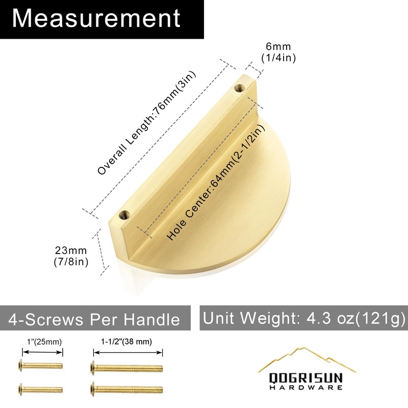 QOGRISUN 5-Pack Solid Brass Cabinet Pulls, Gold Half Moon Drawer