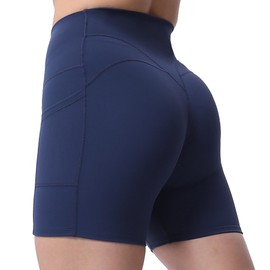 Aoxjox - Pantalones cortos de entrenamiento para mujer con bolsillo con control de abdomen de cintura alta, atlético, gimnasio, correr, yoga, 5 pulgadas, marino, X-Large
