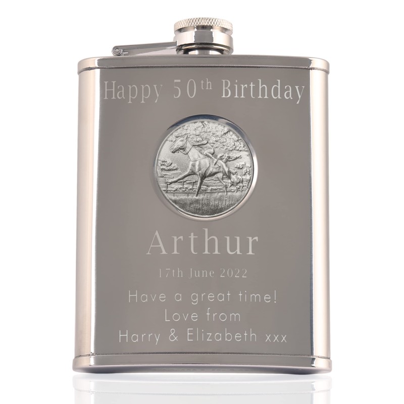 Engraved 50th Birthday Pewter Horse Racing Feature Pocket Watch and