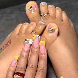 48Pcs 3D Press on Nails Toenails French Orange Fake Nails Toenails with Flower Bee Design Glue on Nails Toenails Rhinestone Stick on Nails Toenails Glossy Full Cover False Nails Toenails Kit for Women