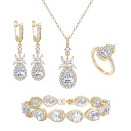 Clearine Wedding Teardrop Marquise Necklace Earrings Tennis Bracelet Ring Set, Clear Cubic Zirconia Gold Bridal Jewellery Set for Bride Bridesmaid, Christmas Valentine Mothers Day Prom Jewelry Gift