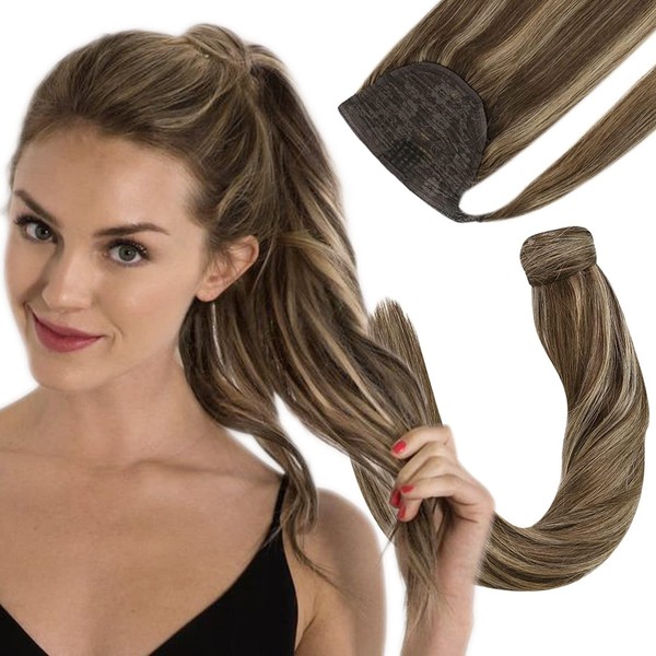 Sunny Highlights Pony Tails Hair Extensions Brown 14inch Ponytail Extension Human Hair Dark Brown Highlight Caramel Blonde Short Ponytail Hair Extension Highlights Natural Off to College 80G