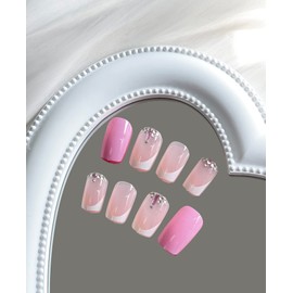 SWEKKE Press on Nails Medium Square French Tip Fake Nails Pink Full Cover False Nails with Pink Rhinestones Designs Glossy Stick on Nails Artificial Acrylic Nails for Women Girls 24 Pcs