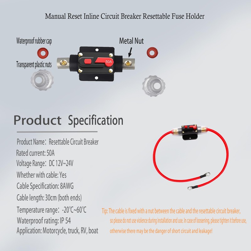 RPTCOTU 50A Inline Resettable Circuit Breaker 12-24V DC Manual Reset