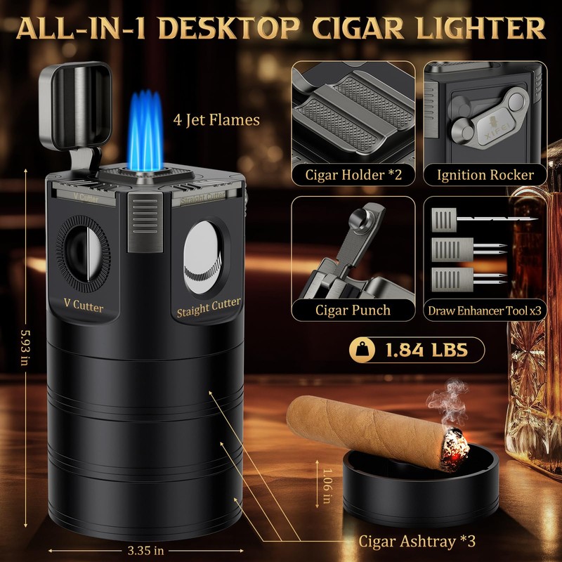 XIFEI 8-in-1 Desktop Cigar Lighter Kit, 4 Jet Flame Torch