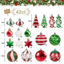 Christmas Tree Ball Ornaments Set, 42ct 80mm Red Green White Assorted Xmas Tree Ball Ornaments, Shatterproof Christmas Tree Hanging Ornaments for Xmas Decoration