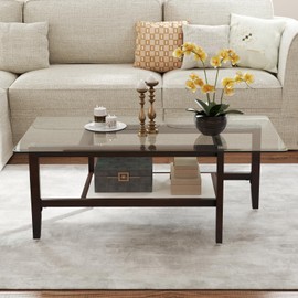 Tangkula Glass Coffee Table, 42” 2-Tier Rectangular Center Table with Storage Shelf & Solid Rubber Wood Legs, Modern Cocktail Table for Living Room, Home Office (Brown, 42" x 23.5")