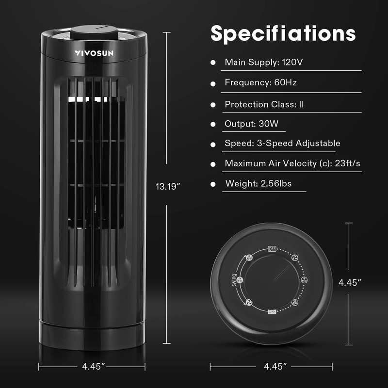 VIVOSUN 13'' Tower Fan, Bladeless Desk Fan with 3 Speeds
