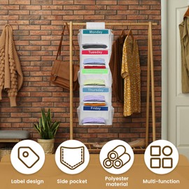 5- Shelf Weekly Clothes Organizer for Kids, Kids Daily Clothes Organizer, Day of Week Clothes Organizer ,Hanging Closet Organizer,Monday Through Friday Clothes Organizer for Hats T-Shirts (White)