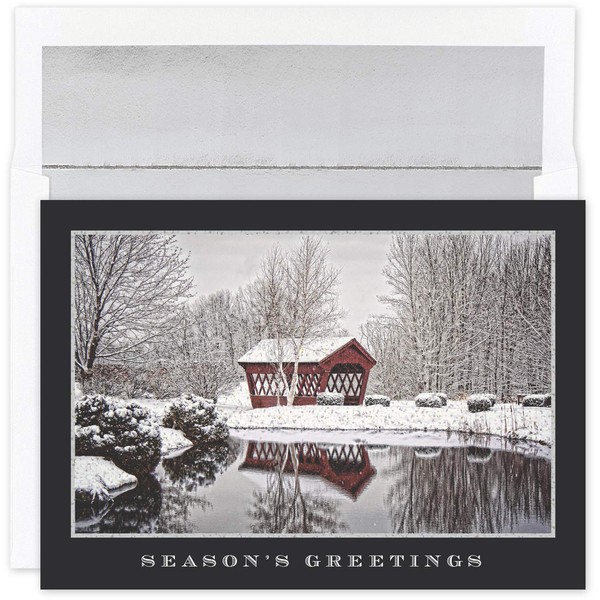 Masterpiece Studios Holiday Collection 16-Count Boxed Christmas Cards with Foil-Lined Envelopes, 7.8" x 5.6", Glittering Covered Bridge (935700)
