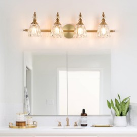 Ditoon Gold Bathroom Light Fixtures 4 Lights, Antique Brass Vanity Light, Bathroom Vanity Light Over Mirror, Vintage Bathroom Light with Clear Flower Glass, Lights for Wall Interior Hallway