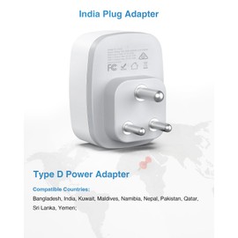 Dozianai Travel Adapter for India - AU to Type D 3 Pin Plug With 2 USB-C and 2 USB-A Ports - For Bangladesh, Kuwait, Namibia, Nepal, Pakistan, Qatar, Sri Lanka, Yemen - White