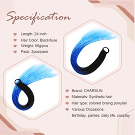 Charsun Braided Ponytail Extension Colorful Hair Extension For Women/Kids 24inch Rainbow Hair Braids Extensions Synthetic Hairpieces Ponytail for 12 braids(Black/Blue)