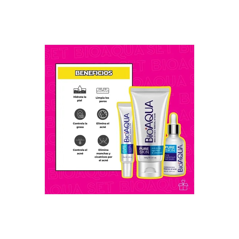 Set De 3 Pure Skin Bioaqua Retira Acne Espinillas Grasa