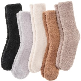 ANTSANG Fuzzy Socks for Women Men Slipper Fluffy Cozy Warm Winter Thick Plush Crew Socks 5 Pairs(Plain I,M)