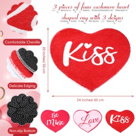 Timgle 3 Pcs Valentine's Day Heart Shaped Rug Galentine Day Love Bath Mats Kiss Bathroom Rug Be Mine Door Mat Red Pink Bathroom Decor Cute Non Slip Washable Heart Rugs for Home Bathroom Kitchen