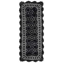 Phantomon Lace Table Runner Rectangular Floral Table Cover Cloth Handmade Crochet Floral Placemats 100% Cotton (Floral Black, 15x39Inch)