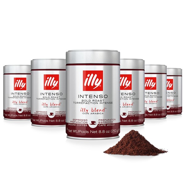 illy Intenso Ground Espresso Coffee, Bold Roast, Intense, Robust and Full Flavored With Notes of Deep Cocoa, 100% Arabica Coffee, No Preservatives, 8.8 Ounce Can (Pack of 6)