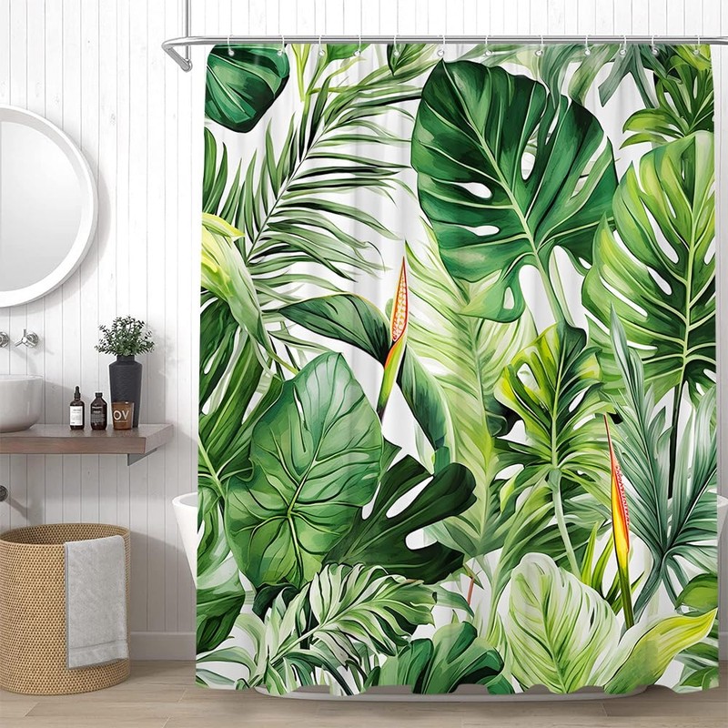 YSSFAV Tropical Green Leaves Shower Curtain Palm Leaf Monstera Banana