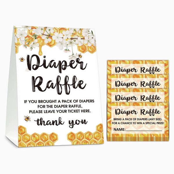 Diaper Raffle Baby Shower Game Set(1 Standing Sign + 50 Guessing Cards), Bumble Bee Diaper Raffle Tickets for Baby Shower, Honey Honeycomb Baby Shower Party Favor Decor - B06
