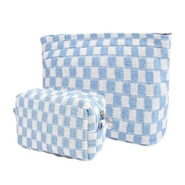 2 count Makeup Bag for Women Checkered  Bag Set Travel Toiletry Bag Makeup Pouch Cute Makeup Bag for Purse Zipper Storage Bag Brushes Aesthetic Accessories Girls   Bag(Light Blue) - Color: Brown