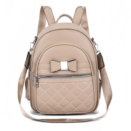 FUNSEED Mini Bowknot Backpack for Women, Small Cute Pu Leather Shoulder Bags for Ladies Casual Lightweight Fashion Daypack Purse, Khaki