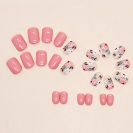 Pink Fake Nails Short Press on Nails Square False Nails with Flower Designs Full Cover Stick on Nails Cute Pink Acrylic Nails Floral Glue on Nails Short Artificial Nails for Women Nail Decoration