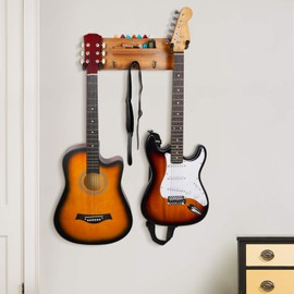 Guitar Wall Mount with 2 Rotatable Rubber Hook, Wood Guitar Wall Hanger with Shelf and Pick Holder, Guitar Holder Wall Stand Hanging Rack for Acoustic Electric Guitar, Bass, Banjo, Guitar Accessories