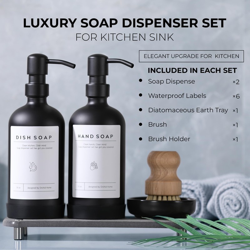 [Luxury] Kitchen Soap Dispenser Set - 16OZ Black Glass Bottle,