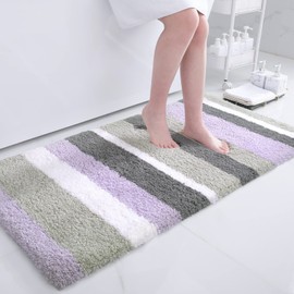Buganda Microfiber Striped Bathroom Rugs Bath Mat, Extra Thick, Soft and Shaggy, Absorbent, Machine Washable, Anti-Slip Bath Rugs for Bathroom, Tub and Shower, 47x24, Purple-Grey
