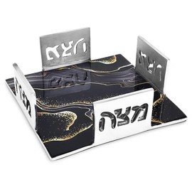 Decorative Passover Seder Matzo Plate with Artistic Marble Print Aluminum Fits All Standard square Matza (Black Marble) Passover Decorations By Zion Judaica