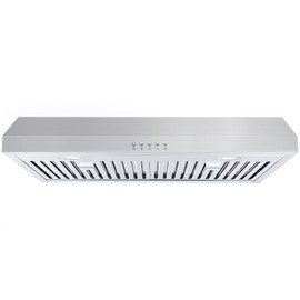 GarveeTech Range Hood 30 Inch, 300 Cfm Range Hood,Stainless Steel Under Cabinet Range Hood With 3 Speed Exhaust Fan, Button Control, 300CFM, Round 6" Top Vent, Reusable Baffle Filters