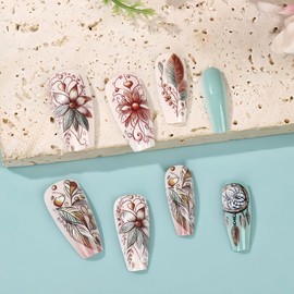 24Pcs Feathered Press on Nails Medium Square Fake Nails Flower Heart Design Glossy False Nails Green Brown Full Cover Artificial Glue on Nails Cute Stick on Nails Spring Nails Art for Women DIY