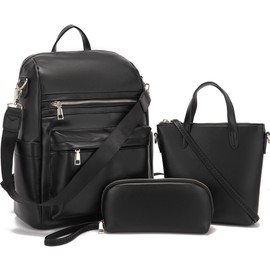 Medium Backpack Purse for Women Convertible Travel Soft Backpacks Ladies Purse set with Wallet and Crossbody Bags Black