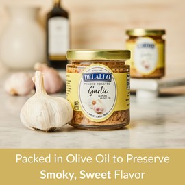 DeLallo Minced Roasted Garlic, Packed in Olive Oil to Preserve Smoky Flavor, Recipe Ready for Pasta Sauces, Meats and Marinades, Non-GMO, Vegan, Gluten-Free, 5 oz Jar, (6 Pack)