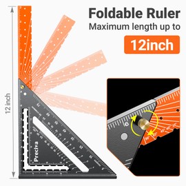 Preciva Foldable Carpenter Square Ruler, 12" (1/16" Scale) Aluminum Alloy Rafter Square Multi-Purpose Carpenter Tool Measuring Layout Tool for Woodworking and Carpentry, Includes Pencil