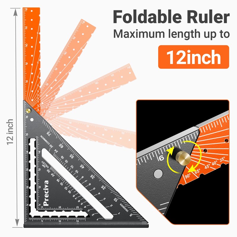 Preciva Foldable Carpenter Square Ruler, 12" (1/16" Scale) Aluminum Alloy
