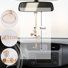 HeXueLy Sea Shells Car Decor, Coastal Boho Hanging Charm for Rear View Mirror, Hand-Made Beach Themed Ornament Pendant for Women, Gold Plated Starfish Conchas Aesthetic Pendant