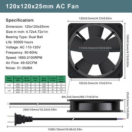 GDSTIME 12025, 120mm x 25mm AC 110V-120V Axial Cooling Fan Exhaust Cabinet Wnidow Server Fan Ventilateur