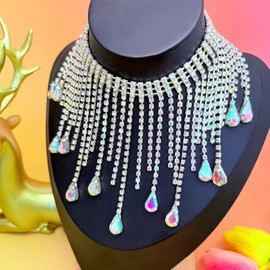 1 Yard Rhinestone Fringe Trim, Teardrop Crystal Fringe for Wedding Dress Decor, DIY Sewing, Dance Costume, Multi-Color Rhinestone Chain (Silver AB-Teardrop Fringe Trim)