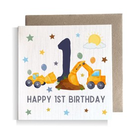 Second Ave 1st Birthday Age 1 Children's Kids Baby Digger Square Card For Boy or Girl Birthday