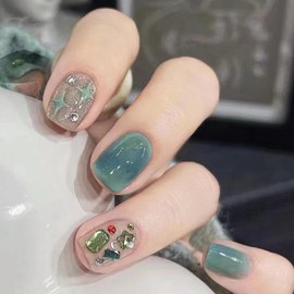 Press on Nails Simple Cute Short Square French Tip White Green Diamonds Design Fake Nails Full Cover Glossy Acrylic Glue on Nails Short Stick on Nails False Nails for Women 24Pcs D730