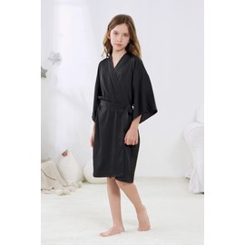 ALHAVONE Girl's Kid's Silky Satin Solid Color Short Kimono Robe for Wedding Birthday Party Spa (Black, 6)