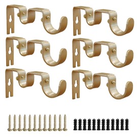 Shonmogar Double Curtain Rod Bracket 6 Pack Metal Curtain Rod Holders for Wall Sturdy Curtain Bracket for 1 Inch Curtain Rod Gold Wall Mounted Curtain Rod Hooks for Bedroom Living Room Patio