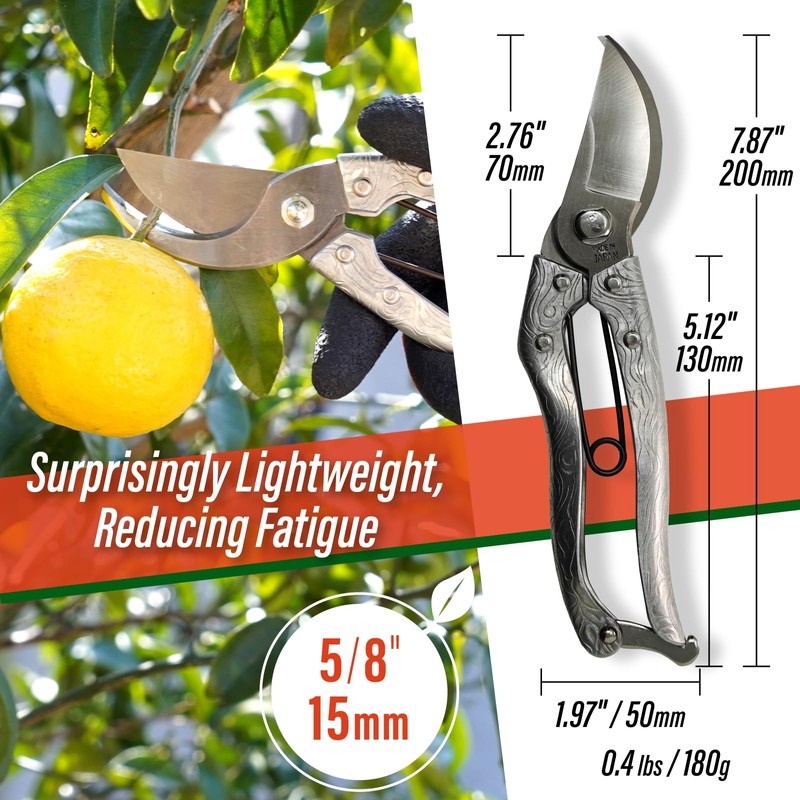 SUIZAN Bypass Pruning Shears 8” Forged Aluminum Handle - Professional