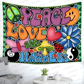 F-FUN SOUL Tapiz de paz, amor y felicidad, tapiz Groovy de 80 x 60 pulgadas, franela suave, tapices de fiesta temática de los años 70, tapiz estético hippie para colgar en la pared para recámara, sala