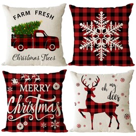YeeJu Christmas Pillow Covers 16x16 Set of 4 Christmas Cushion Covers Holiday Xmas Throw Pillow Covers Red Plaid Christmas Tree Truck Snowflake Pillow Cases for Outdoor Couch Sofa Decoration