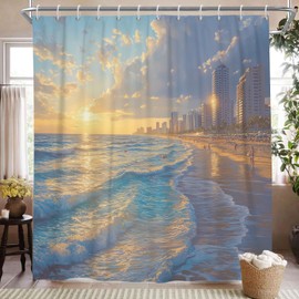 ChloropLastid Beach Ocean Shower Curtain, 72x72 Teal Blue Cute Nautical Coastal Shower Curtains for Bathroom Machine Washable, Summer Polyester Fabric Shower Curtain Set with Hooks