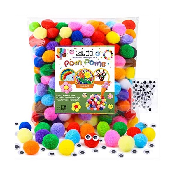 Caydo 300 PCS Multicolor Craft Pom Poms, 2.5 cm Fuzzy Pompoms balls with 100 PCS Wiggle Eyes for Kids DIY Creative Crafts Projects Decorations